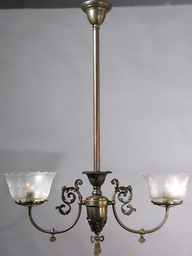 2-Light Gas Chandelier w/ Deep Acid Cutback Shades